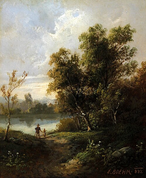 wooded river landscape with father and child on a pathway, 1882, Eduard Boehm