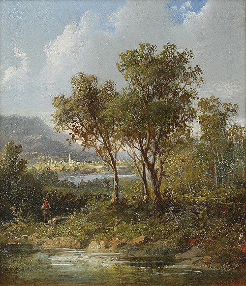 Figure beside a lake with distant mountains, , Eduard Boehm