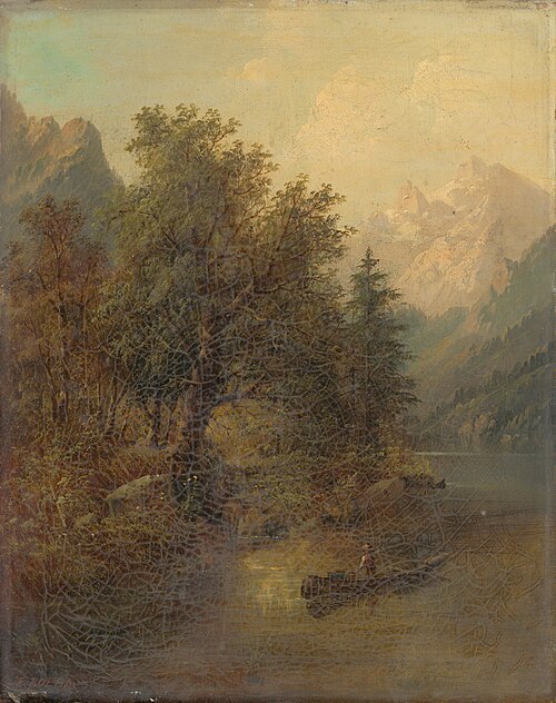 Alpská krajina s člnom, 1860, Eduard Boehm