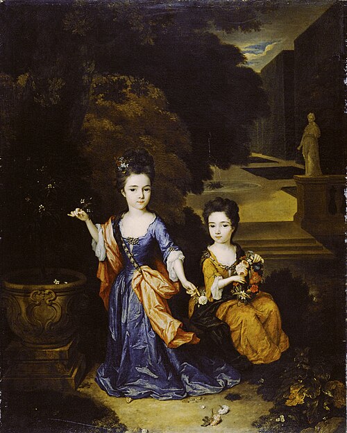 Double portrait of two daughters of Francisco Lopes Suasso, 1709, Constantijn Netscher