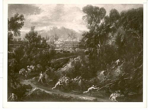 Große Landschaft mit Staffage (Tragetierkarawane), 1700, Alessandro Magnasco