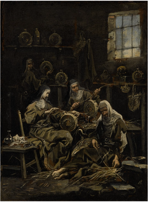 Nuns making wicker  flasks in an interior, 1700, Alessandro Magnasco