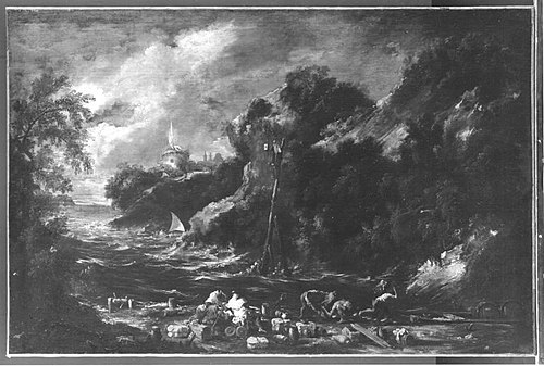 Felsige Meeresbucht mit Mönchen und Schiffern, 1712, Alessandro Magnasco