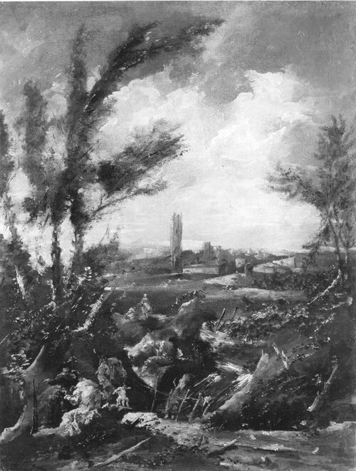 Landschaft mit Musikanten (Fälschung nach), 1708, Alessandro Magnasco