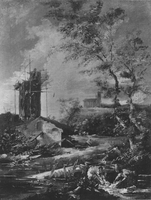 Landschaft mit unvollendetem Turm (Fälschung nach), 1708, Alessandro Magnasco