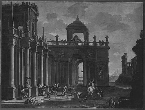 Architekturbild mit der Gefangennahme Simsons, 1708, Alessandro Magnasco
