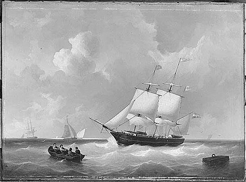 Het barkschip Nicot van rederij Wuste & Hintzen te Amsterdam onder zeil, 1860, Cornelis Christiaan Dommelshui