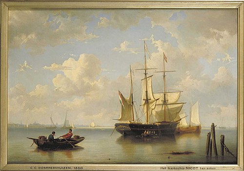 Bark "Nicot" of the company Wüste & Hintzen in Amsterdam, riding at anchor on the river IJ, under su, 1860, Cornelis Christiaan Dommelshui