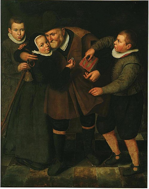 Oude man met armbus en kinderen, 1650, Cornelis Engelsz.