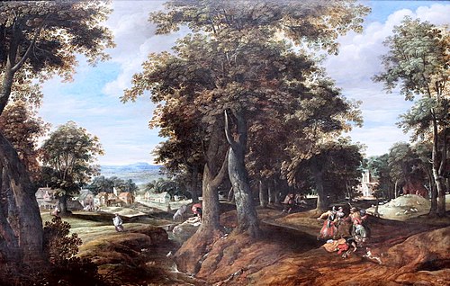 Panoramic wooded landscape with the parabel of the Good Samaritan (Luke 10:25-37), 1580, Cornelis Molenaer