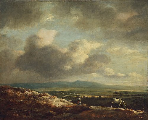 Broad hilly landscape panorama with horses in the foreground, 1650, Cornelis Symonsz van der Schal
