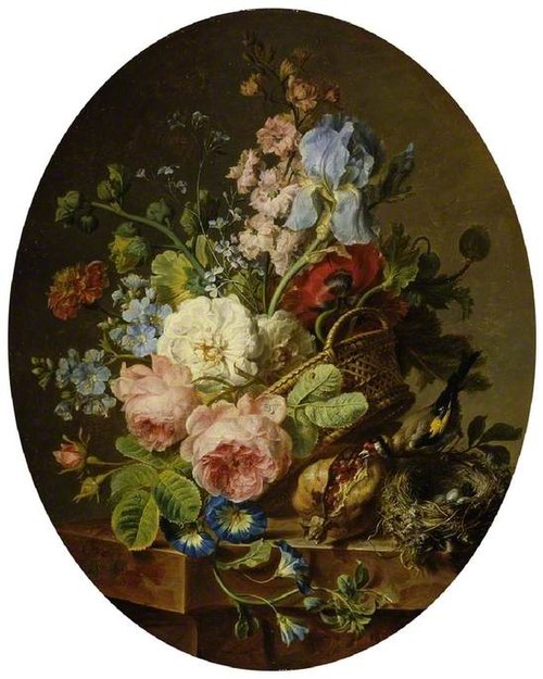 Open wicker basket of mixed flowers, including iris, roses, poppies, hollyhock, marygold, larkspur a, 1789, Cornelis van Spaendonck