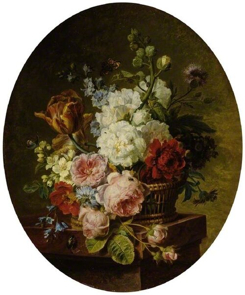 Open wicker basket of mixed flowers, including tulip, roses, hareball, hollyhock, poppy, larkspur an, 1789, Cornelis van Spaendonck