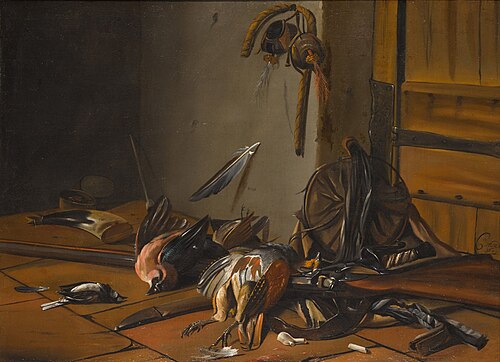 Still life with birds and hunting, 1677, Cornelis Vermeulen