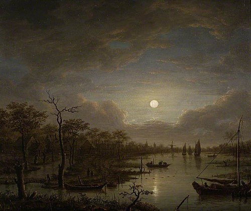 River scene by moonlight, , Cornelis Vermeulen
