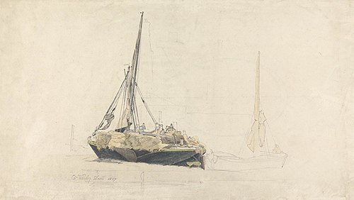 A Sailing Barge being loaded with Hay, December 1827, 1827, Cornelius Varley
