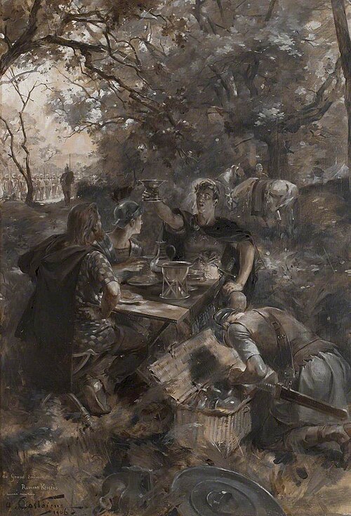 Warriors resting beneath a Tree ('Remember that you have sat with the Emperor of Britain and Gaul'; , 1906, André Castaigne