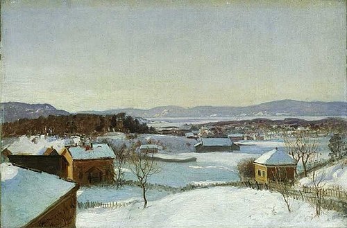 Utsikt over "Bondejordet" med omgivelser, 1868, Morten Müller