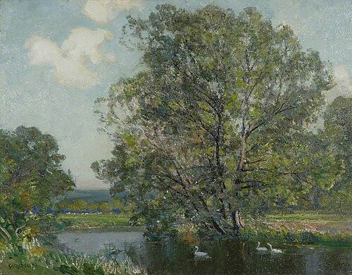 Landscape with River and Swans, , Alfred East
