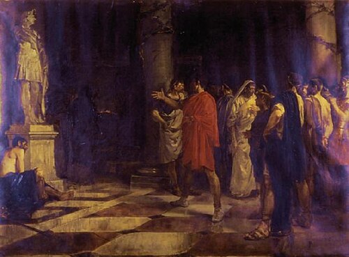 Julio César ante la estatua de Alejandro en el templo de Hércules en Cádiz., 1894, José Morillo Ferradas