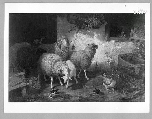 sheep in front of the stable, 1870, Friedrich Ferdinand Schmalzigaug