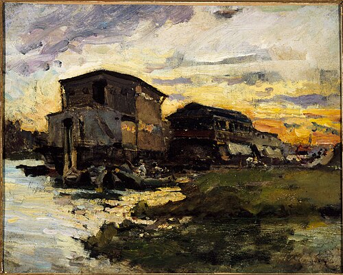 Bateau-lavoir sur la Seine, aux environs de Paris, 1880, Émile Antoine Guillier