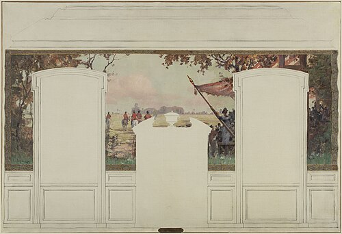 Esquisse pour la mairie de Fresnes : Paysage avec tribunes et cavaliers, 1905, Jean-Constant Pape