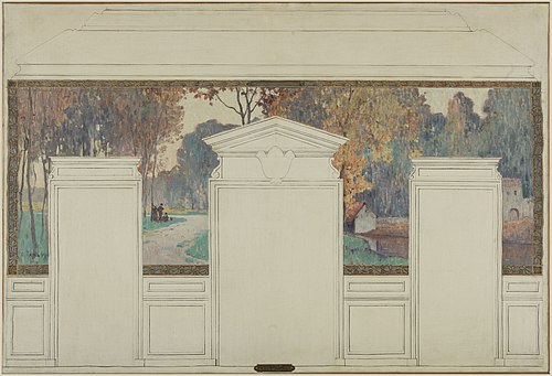 Esquisse pour la mairie de Fresnes : Paysage avec promeneurs en automne, 1905, Jean-Constant Pape