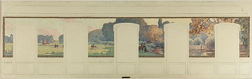 Esquisse pour la mairie de Fresnes : Paysage rural en été et bord de rivière, 1905, Jean-Constant Pape
