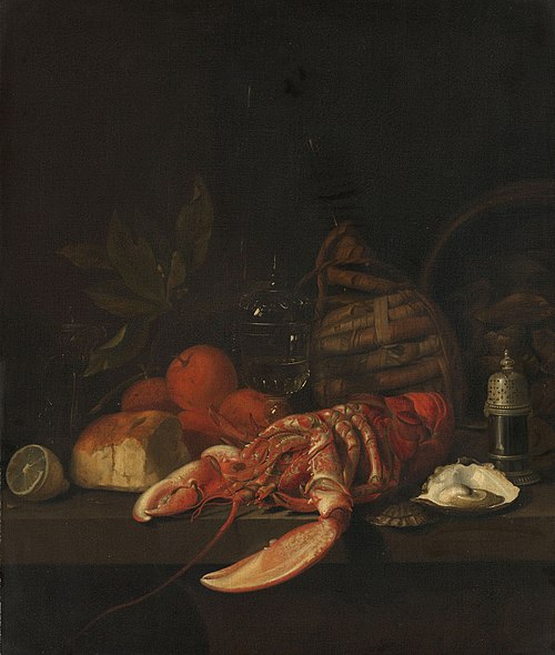 Still life with a lobster. oysters, bread, oranges, a lemon, a glass, a pepper shaker  and a wine ca, 1668, David Davidsz. de Heem