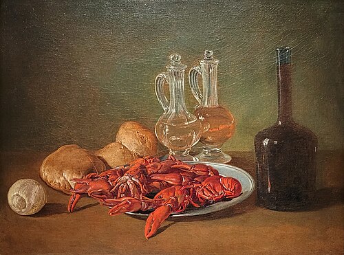Still Life with Pewter Plate, Shrimps, a Lemon, Glass Cruets, Bread and a Bottle of Wine, 1750, Giacomo Ceruti