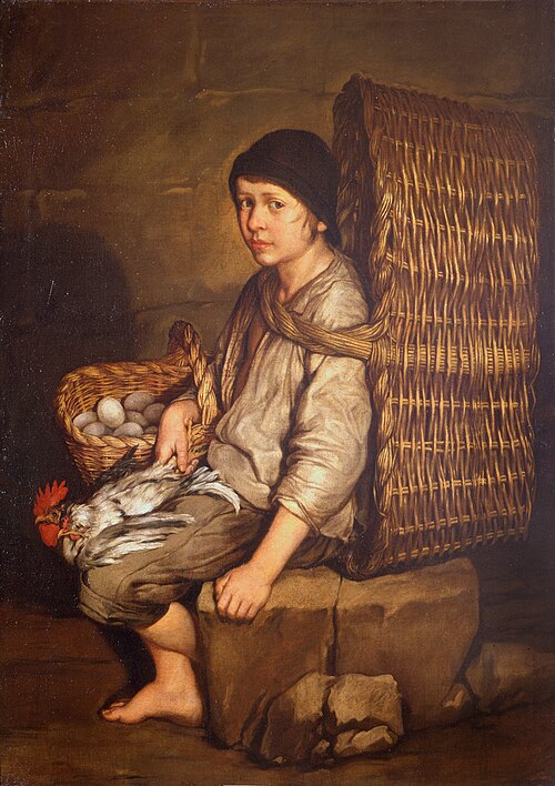 Porter with a shoulder basket, a basket of eggs and a chicken, 1735, Giacomo Ceruti