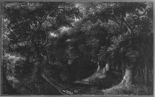 Waldlandschaft mit Hagar und dem Engel (Werkstatt), 1595, Gillis van Coninxloo
