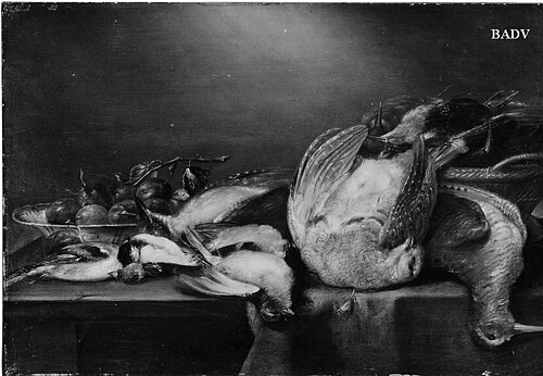 Stillleben mit toten Vögeln und einer Schale mit Pflaumen, 1640, Alexandre Adriaenssen