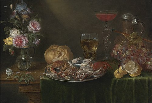Still Life with a Platter of Crabs and Shrimp, a Glass Jug of Flowers, 1646, Alexandre Adriaenssen