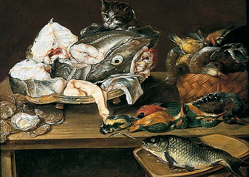 Still Life with Fish and a Cat, 1631, Alexandre Adriaenssen