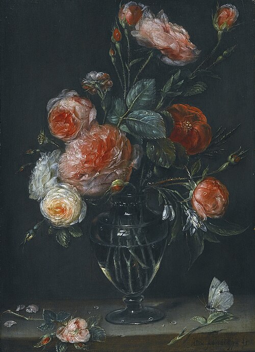 Still life of roses in a glass jar on a stone ledge with a butterfly, 1650, Alexandre Adriaenssen