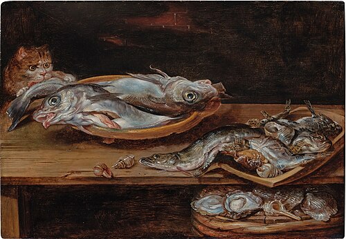 Still life with fish, oysters, shells, and a thieving cat on a wooden tabletop, 1631, Alexandre Adriaenssen