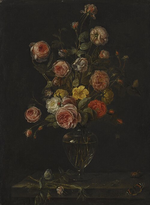 A still life with red, white and pink roses in a glass vase over a stone ledge with butterflies, a g, 1650, Alexandre Adriaenssen