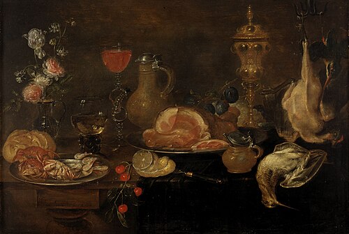 Nature morte aux fleurs, jambon, gibier, fruits de mer et fruits, 1647, Alexandre Adriaenssen