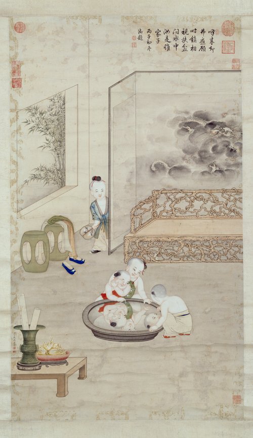 丁观鹏照盆婴戏图轴, , Ding Guanpeng