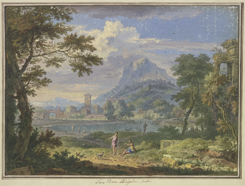 Landscape with an Italian city near a mountain, with a ruined tempel and figures with a dog, , Jan van Huysum