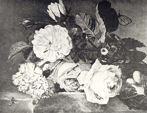 Flower arrangement and bird's nest., 1710, Jan van Huysum