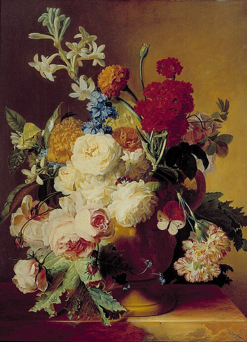 Flowers in a vase on a marble slab, 1749, Jan van Huysum