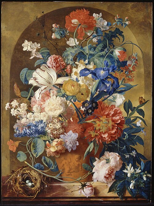 Still life of flowers in a terracotta vase, before a niche, 1734, Jan van Huysum