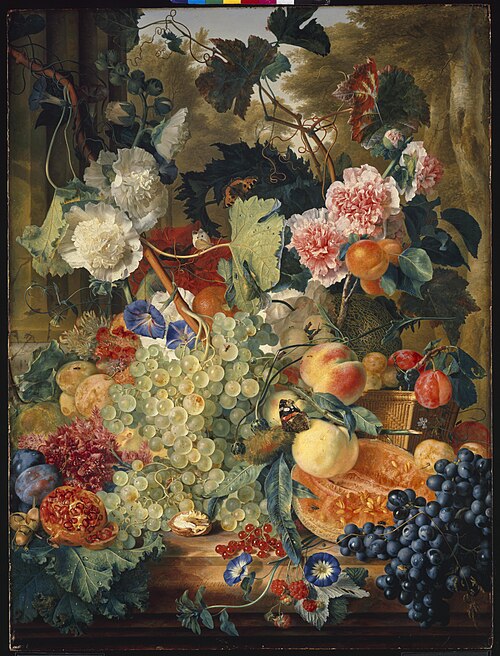 Still life of flowers and fruit on a marble slab, 1731, Jan van Huysum