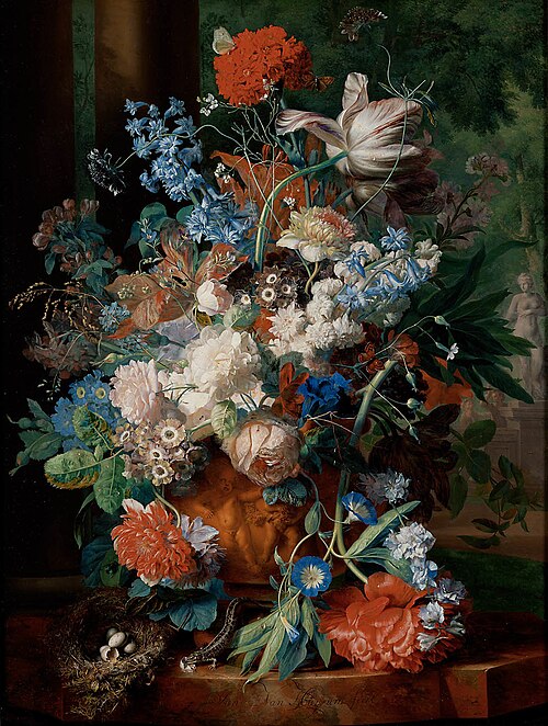 Flower still life in a terracotta vase, for two columns and a park landscape with a statue of Venus, 1723, Jan van Huysum