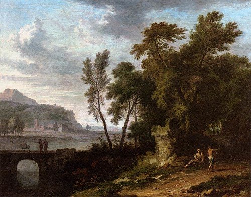Paysage animé avec ruine et pont, 1725, Jan van Huysum