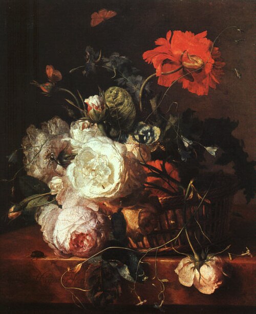 Bloemstilleven in een rieten mand op een marmeren blad, 1724, Jan van Huysum