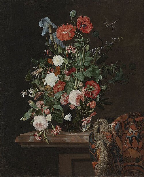 Flower still-life with oriental table carpet, 1667, Jan van Huysum